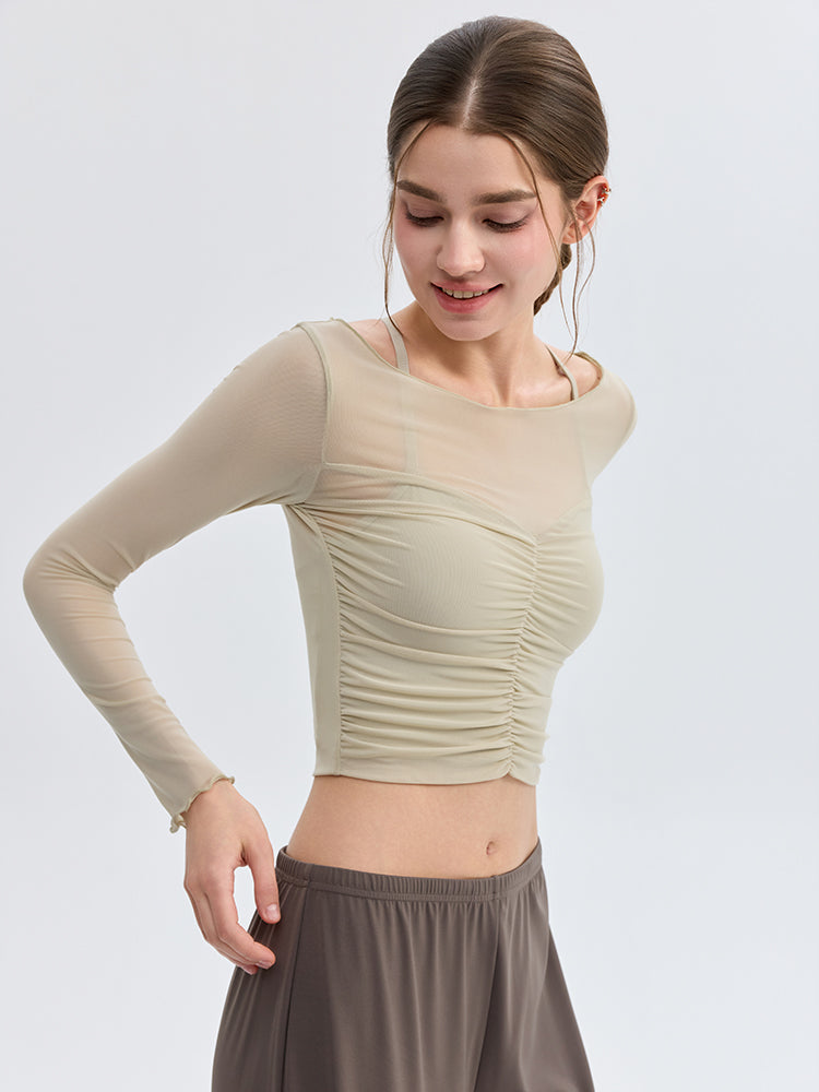 スリム見え 透け感 キャミソール×メッシュ長袖トップス2点セット