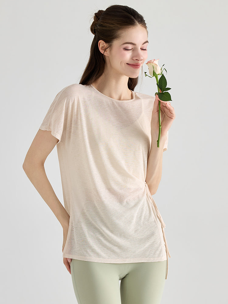 軽量 メッシュ サイドリボン ヨガTシャツ 体型カバー