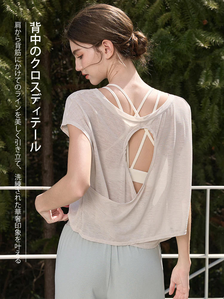 クロスバック ヨガウェア 背中開き半袖