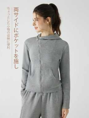 秋冬 ゆったり フード付き 斜めジップパーカ　