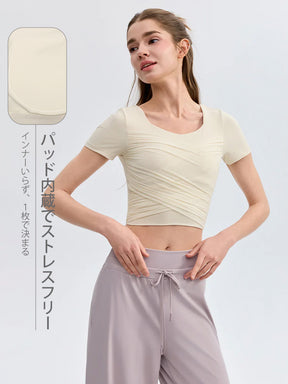 クロス メッシュ 半袖 ピラティスウェア パッド付き