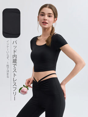 接触冷感 フェイクレイヤード クロップド丈 半袖 ピラティスウェア