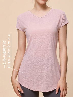 ヨガTシャツ 半袖 ロング丈 体型カバー バックスタイル