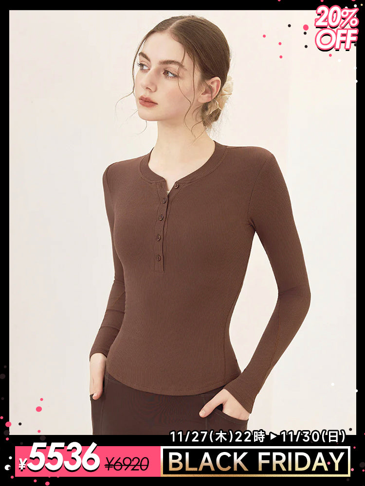 リブヘンリーネック ボタン付き 長袖