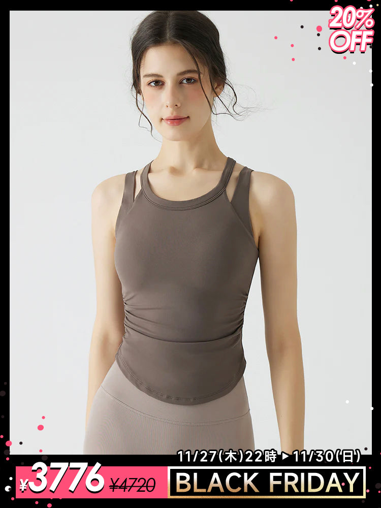 バックスタイル フェイクレイヤード スポーツブラ　