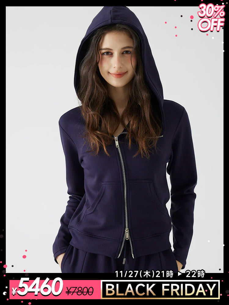 秋冬 ゆったり フード付き 斜めジップパーカ　