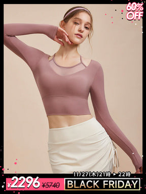 メッシュ切り替え フェイクレイヤード ブラトップ 長袖