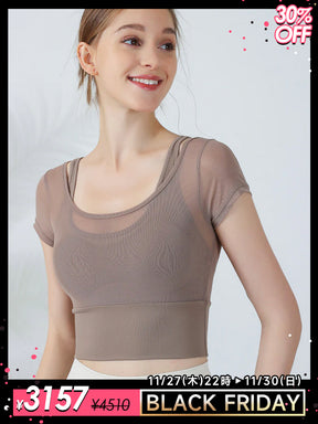 フェイクレイヤード メッシュ切り替え 半袖 ブラカップ付き