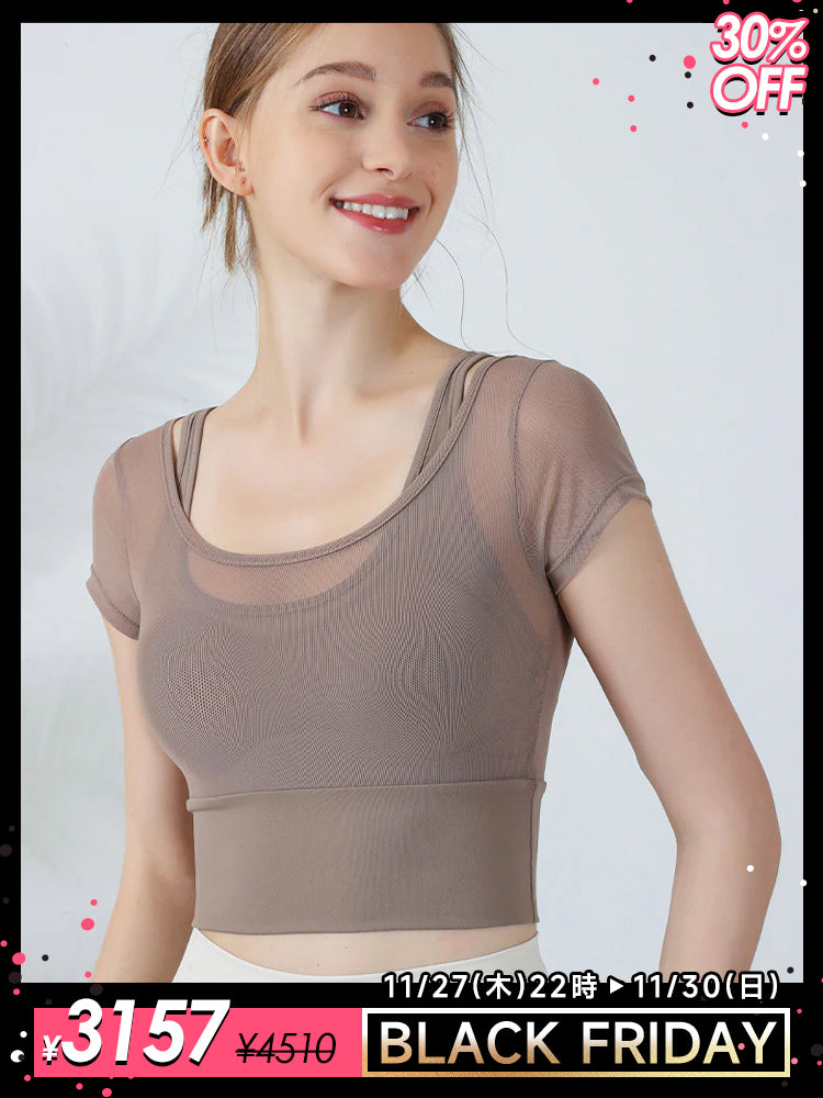 フェイクレイヤード メッシュ切り替え 半袖 ブラカップ付き