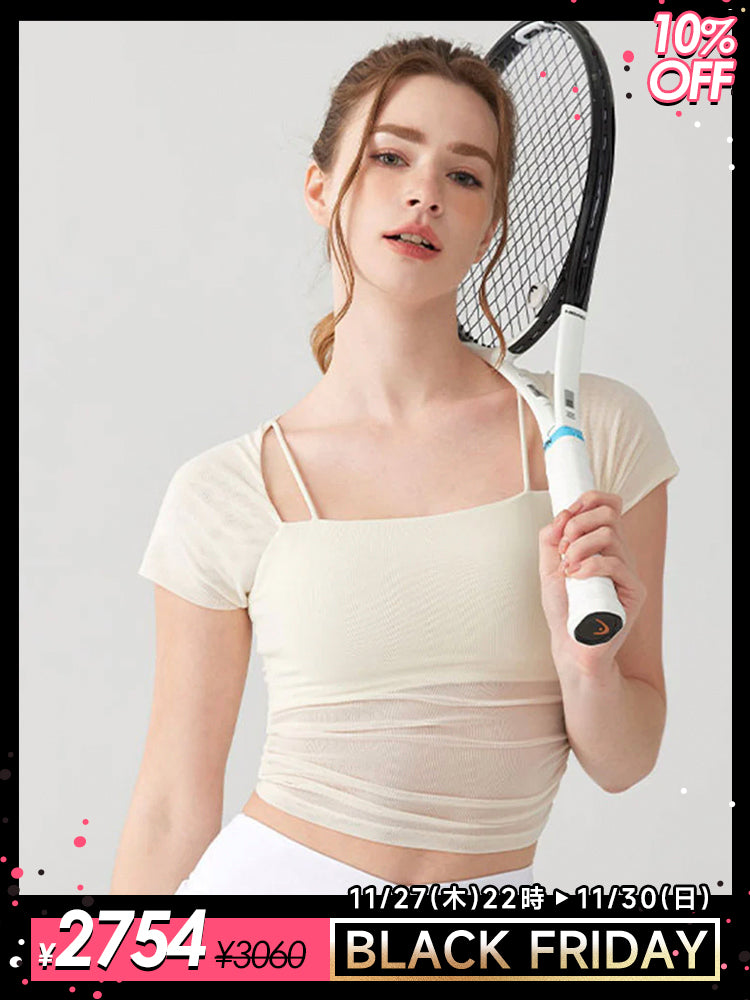 フェイクレイヤード パッド付き シアー 半袖