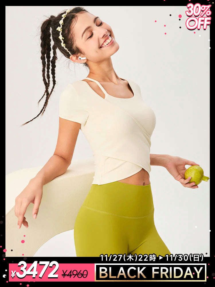 裾交差 アシンメトリー 半袖Tシャツ パッド付き