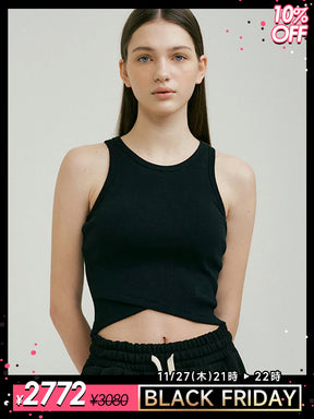 リブ Uネック タンクトップ パッド付き 裾交差