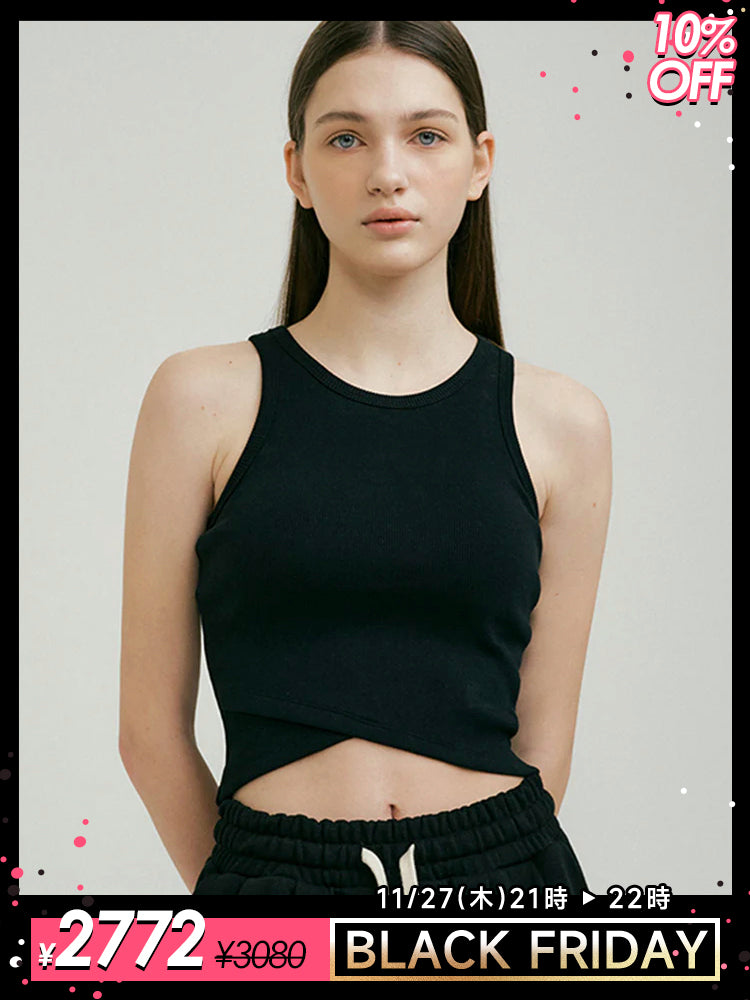 リブ Uネック タンクトップ パッド付き 裾交差