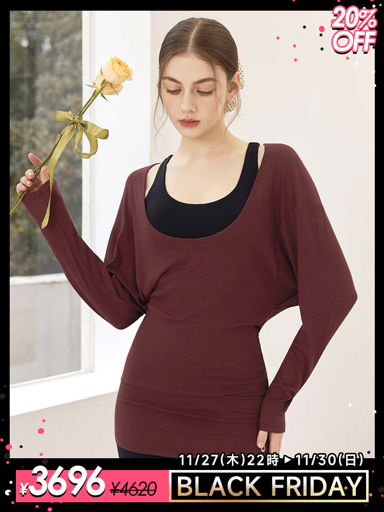 Uネック 長袖 ヨガトップス