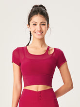 アシンメトリー 半袖 メッシュ切り替え ブラパッド付き フェイクレイヤード