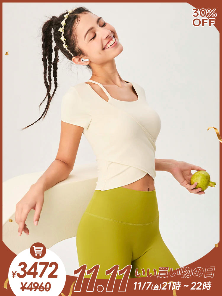 裾交差 アシンメトリー 半袖Tシャツ パッド付き