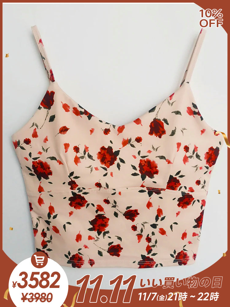 Vネック 花柄キャミソール パッド付き