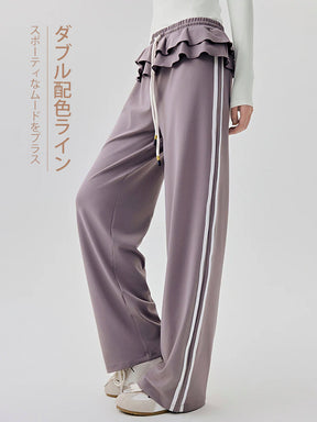 サイドラインとフリルを施したレイヤード風ワイドパンツ