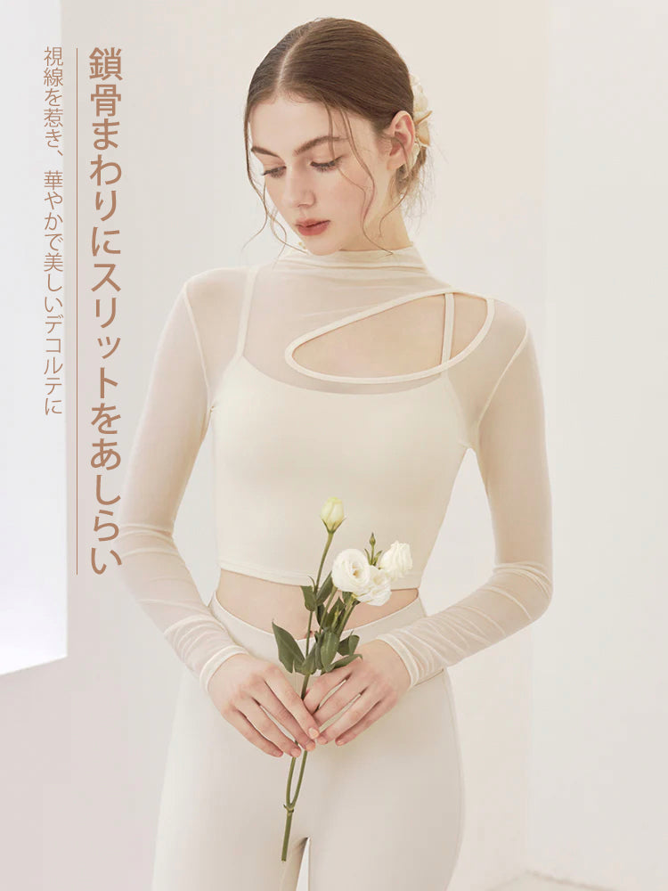 メッシュ切り替え レイヤード ロングスリーブ V字カットトップス