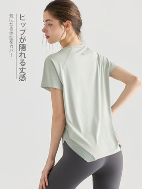 Yomomentメッシュ切り替え 半袖Tシャツ レディース サイドスリット 体型カバー 吸汗速乾