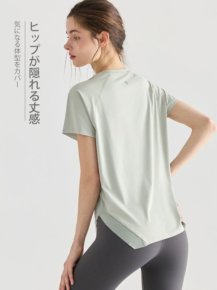 Yomomentメッシュ切り替え 半袖Tシャツ レディース サイドスリット 体型カバー 吸汗速乾