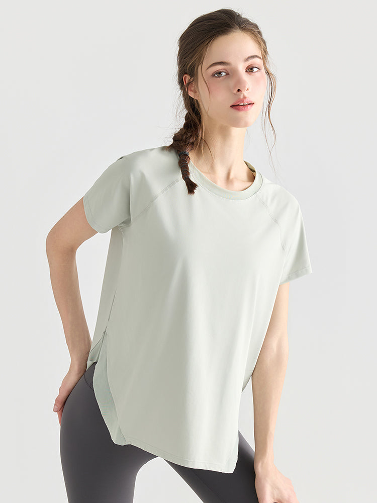 Yomomentメッシュ切り替え 半袖Tシャツ レディース サイドスリット 体型カバー 吸汗速乾
