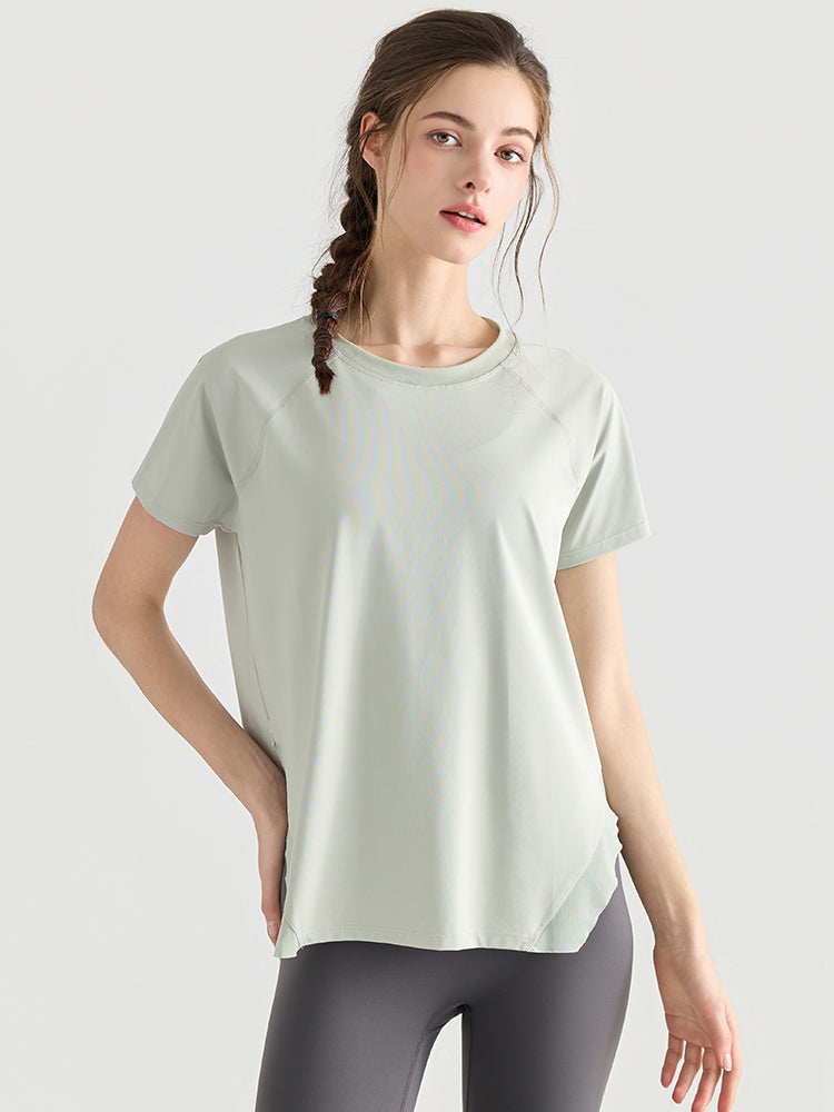 Yomomentメッシュ切り替え 半袖Tシャツ レディース サイドスリット 体型カバー 吸汗速乾