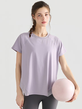 Yomomentメッシュ切り替え 半袖Tシャツ レディース サイドスリット 体型カバー 吸汗速乾