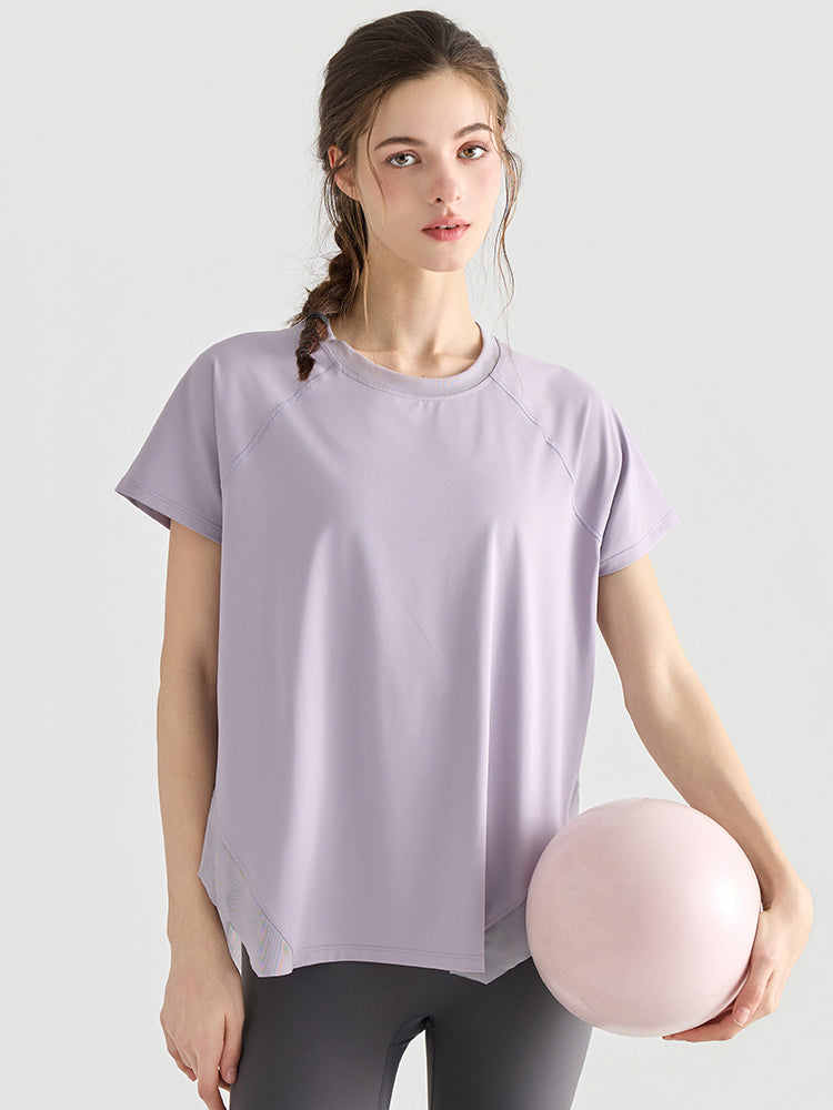 Yomomentメッシュ切り替え 半袖Tシャツ レディース サイドスリット 体型カバー 吸汗速乾