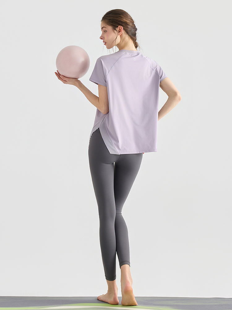 Yomomentメッシュ切り替え 半袖Tシャツ レディース サイドスリット 体型カバー 吸汗速乾