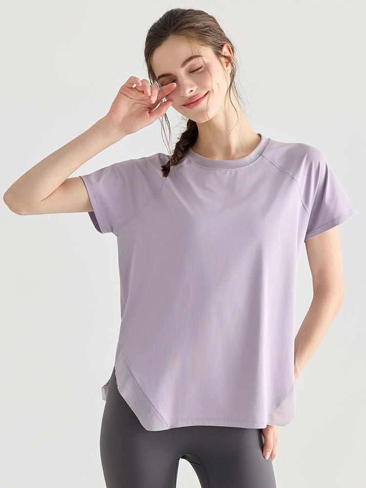 Yomomentメッシュ切り替え 半袖Tシャツ レディース サイドスリット 体型カバー 吸汗速乾