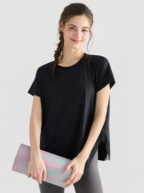 Yomomentメッシュ切り替え 半袖Tシャツ レディース サイドスリット 体型カバー 吸汗速乾
