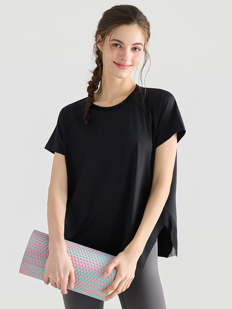 Yomomentメッシュ切り替え 半袖Tシャツ レディース サイドスリット 体型カバー 吸汗速乾