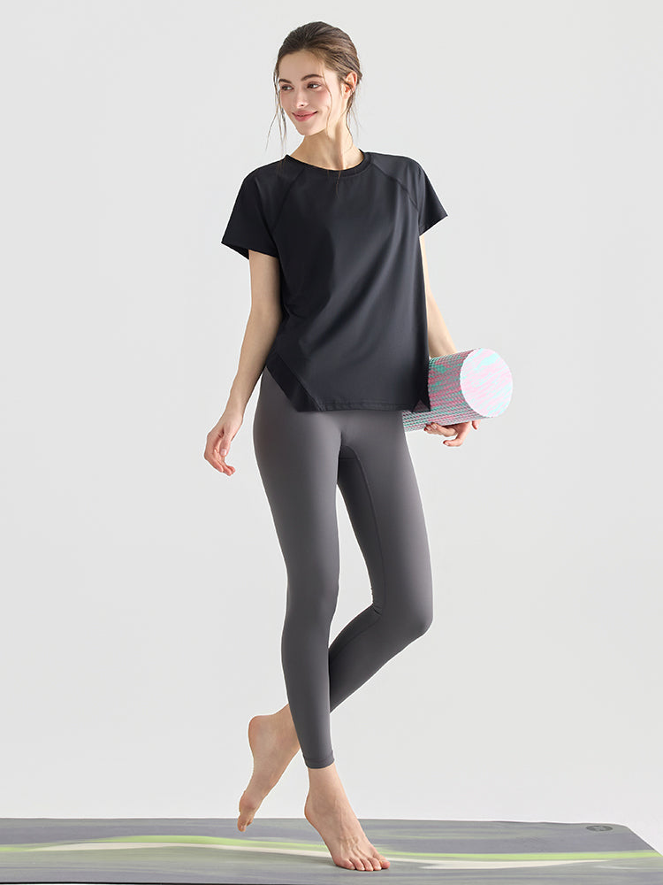 Yomomentメッシュ切り替え 半袖Tシャツ レディース サイドスリット 体型カバー 吸汗速乾