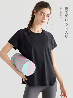 Yomomentメッシュ切り替え 半袖Tシャツ レディース サイドスリット 体型カバー 吸汗速乾