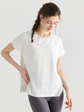 Yomomentメッシュ切り替え 半袖Tシャツ レディース サイドスリット 体型カバー 吸汗速乾