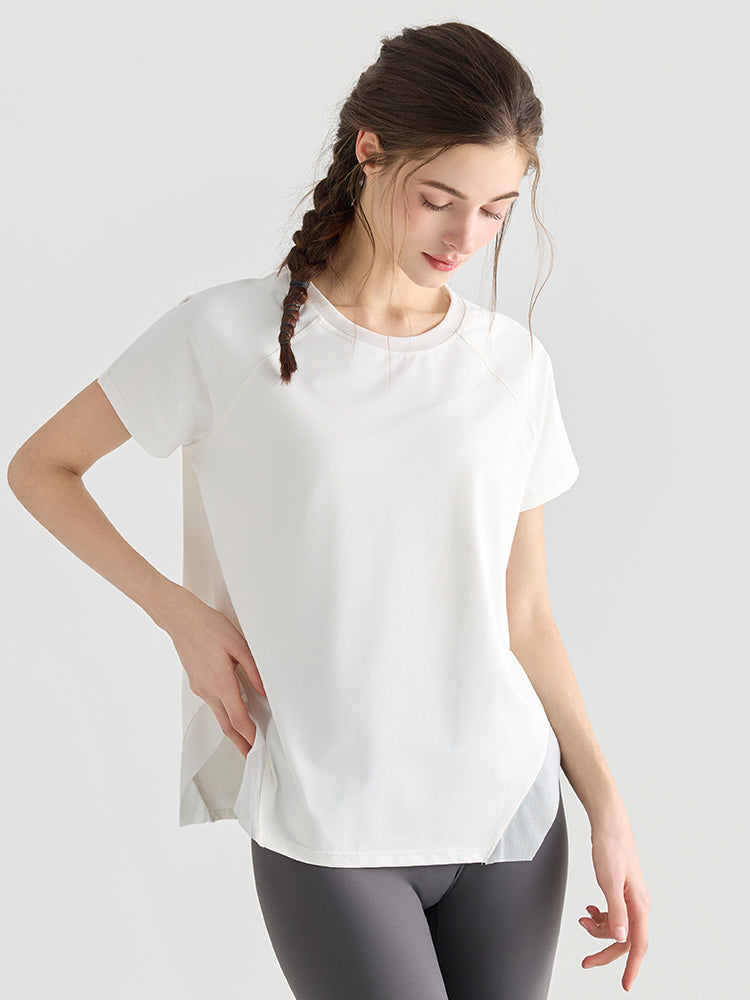 Yomomentメッシュ切り替え 半袖Tシャツ レディース サイドスリット 体型カバー 吸汗速乾