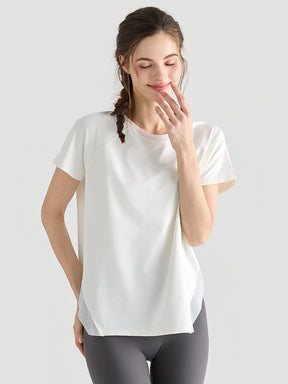 Yomomentメッシュ切り替え 半袖Tシャツ レディース サイドスリット 体型カバー 吸汗速乾