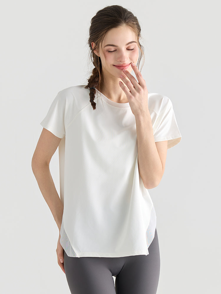 Yomomentメッシュ切り替え 半袖Tシャツ レディース サイドスリット 体型カバー 吸汗速乾