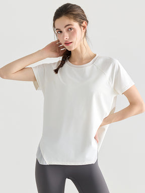 Yomomentメッシュ切り替え 半袖Tシャツ レディース サイドスリット 体型カバー 吸汗速乾