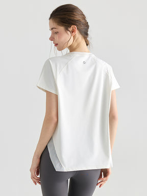 Yomomentメッシュ切り替え 半袖Tシャツ レディース サイドスリット 体型カバー 吸汗速乾