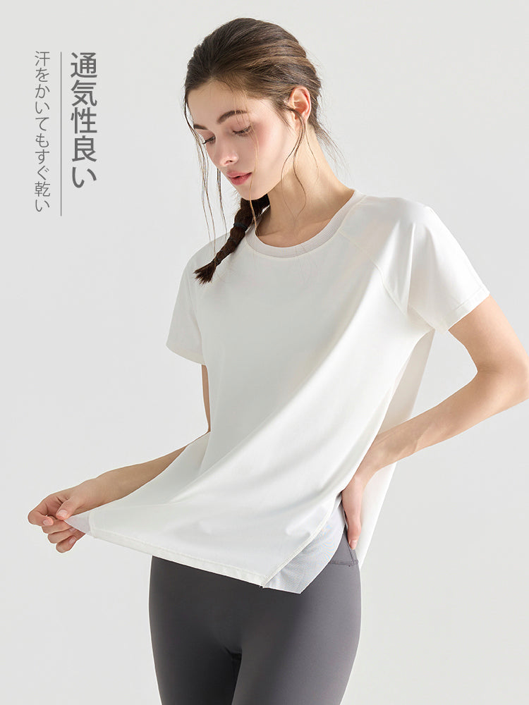 Yomomentメッシュ切り替え 半袖Tシャツ レディース サイドスリット 体型カバー 吸汗速乾