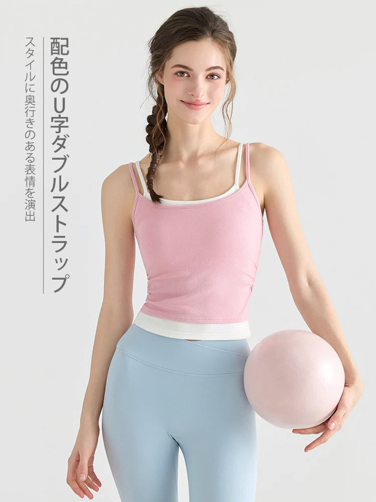配色ダブルストラップがアクセントの、美背リブキャミソール