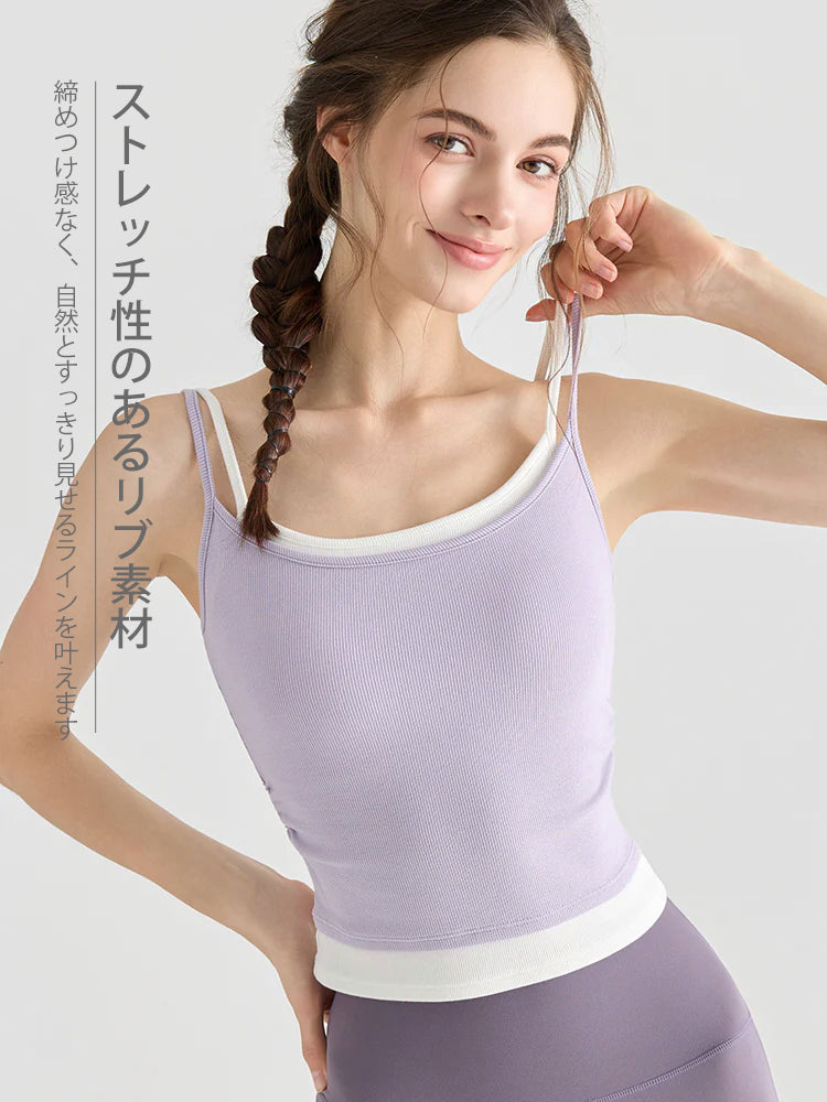 配色ダブルストラップがアクセントの、美背リブキャミソール