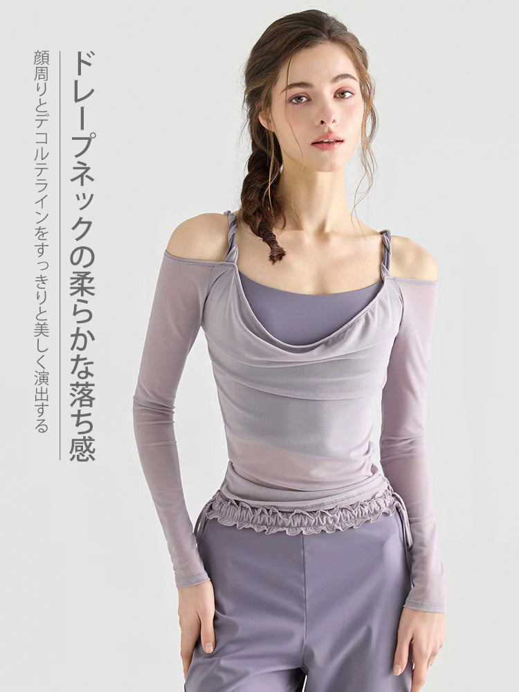 ドレープネック オフショルダー 長袖トップス