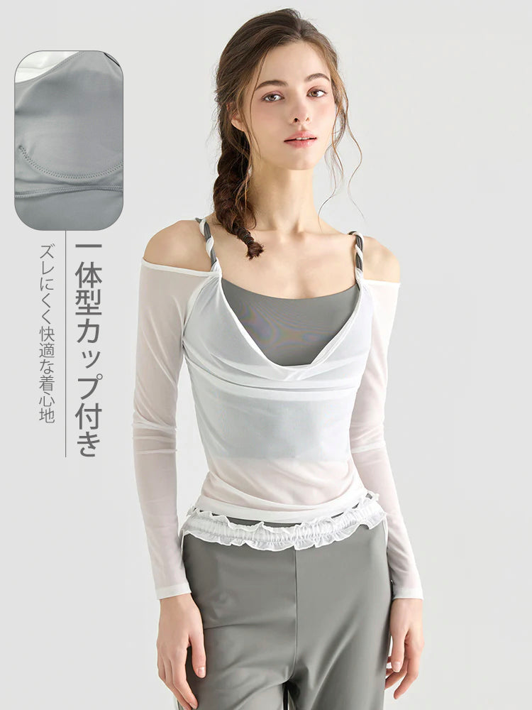 ドレープネック オフショルダー 長袖トップス