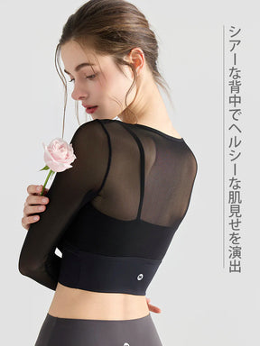 メッシュ切り替え レイヤード風 パッド付き ロングスリーブ ヨガトップス