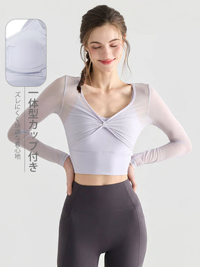 メッシュ切り替え レイヤード風 パッド付き ロングスリーブ ヨガトップス