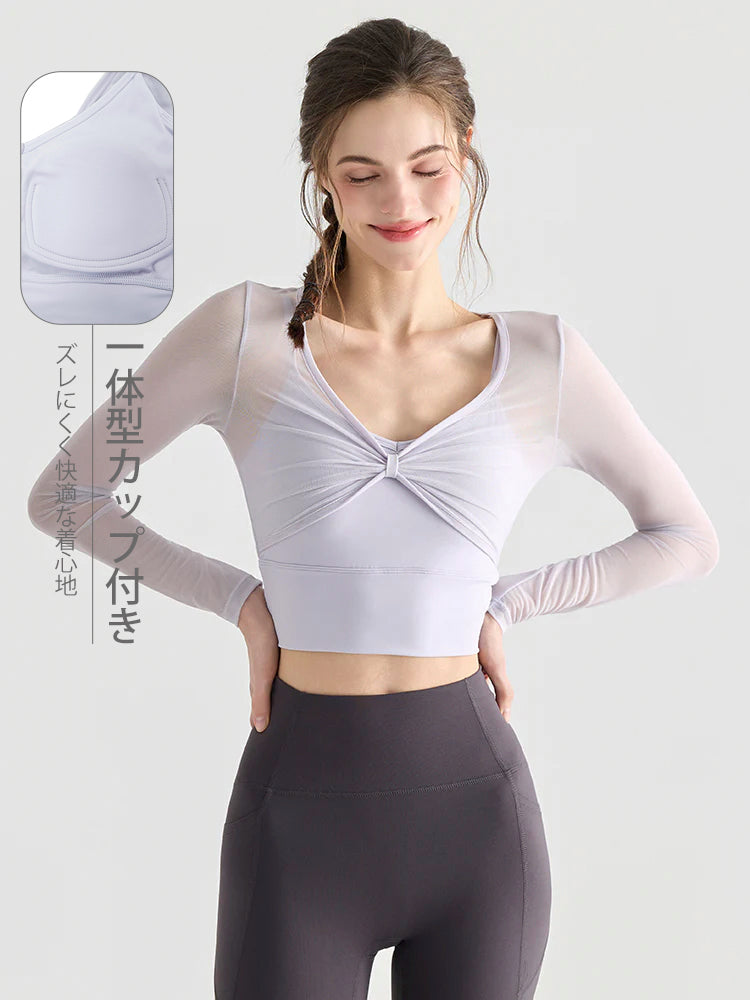 メッシュ切り替え レイヤード風 パッド付き ロングスリーブ ヨガトップス