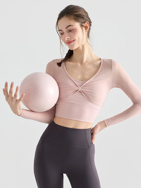 メッシュ切り替え レイヤード風 パッド付き ロングスリーブ ヨガトップス